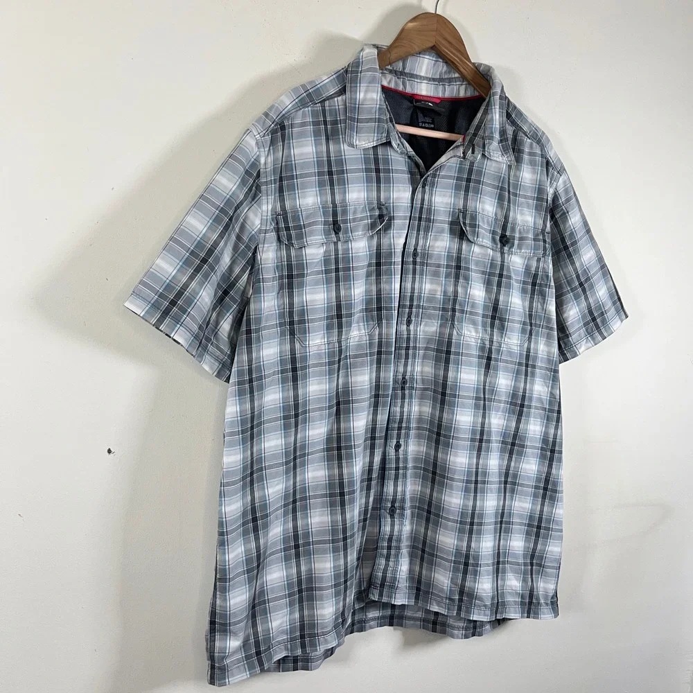 The North Face Short Sleeve Plaid Button Down Utility Gorpcore Blue Grey Sz XXL